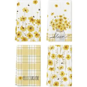 Artoid Mode Flower Vase Hello Spring Kitchen Towels Dish Towels, 18×26 Inch Seasonal Decoration Hand Towels Set of 4(Yellow)