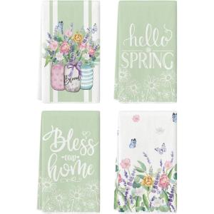 Artoid Mode Green Tulip Violets Flowers Spring Kitchen Towels Dish Towels, 18×26 Inch Farmhouse Decoration Hand Towels Set of 4