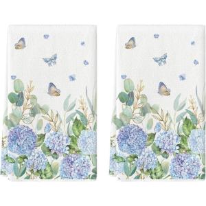 Artoid Mode Hydrangea Butterfly Grass Spring Kitchen Towels Dish Towels, 18×26 Inch Farmhouse Summer Decoration Cleaning Set of 2