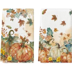 Artoid Mode Oil Painting Pumpkin Fall Kitchen Towels Dish Towels, 18×26 Inch Farmhouse Leaves Autumn Decoration Hand Towels Set of 2