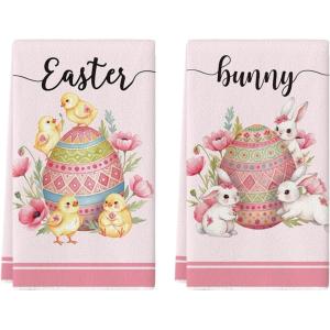 Artoid Mode Pink Bird Rabbit Poppy Bunny Eggs Easter Spring Kitchen Towels Dish Towels, 18×26 Inch Farmhouse Summer Decoration Cleaning Set of 2