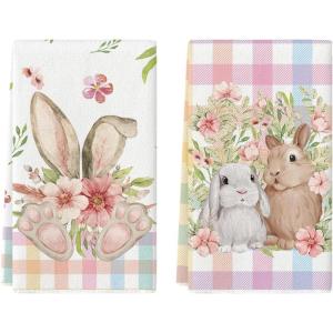 Artoid Mode Pink Buffalo Plaid Bunny Rabbit Flower Easter Kitchen Towels Dish Towels, 18×26 Inch Seasonal Decoration Hand Towels Set of 2(Colorful)