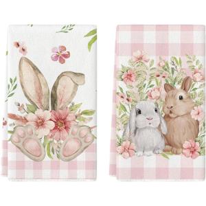 Artoid Mode Pink Buffalo Plaid Bunny Rabbit Flower Easter Kitchen Towels Dish Towels, 18×26 Inch Seasonal Decoration Hand Towels Set of 2(Pink)