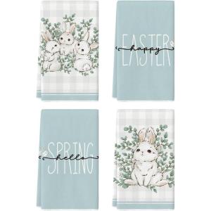 Artoid Mode Pink Bunny Rabbit Eucalyptus Easter Kitchen Towels Dish Towels, 18×26 Inch Seasonal Spring Decoration Hand Towels Set of 4(Blue)