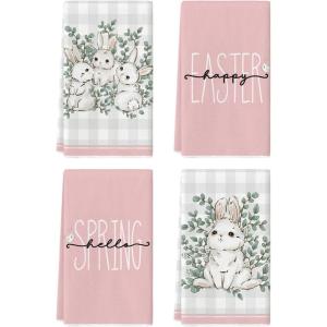 Artoid Mode Pink Bunny Rabbit Eucalyptus Easter Kitchen Towels Dish Towels, 18×26 Inch Seasonal Spring Decoration Hand Towels Set of 4(Pink)