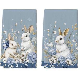 Artoid Mode Pink Rabbit Bunny Easter Hydrangea Flower Kitchen Towels Dish Towels, 18×26 Inch Seasonal Spring Decoration Cleaning Set of 2(Blue)