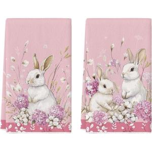 Artoid Mode Pink Rabbit Bunny Easter Hydrangea Flower Kitchen Towels Dish Towels, 18×26 Inch Seasonal Spring Decoration Cleaning Set of 2(Pink)