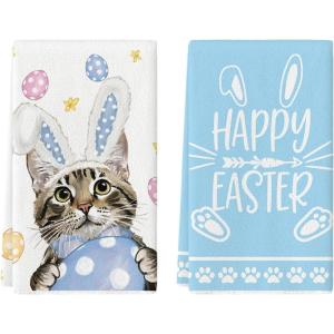 Artoid Mode Pink Rabbit Ears Cat Eggs Happy Easter Kitchen Towels Dish Towels, 18×26 Inch Spring Summer Holiday Decoration Hand Towels Set of 2(Blue)