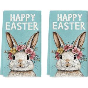 Artoid Mode Pink Rabbit Flower Wreath Happy Easter Spring Kitchen Towels Dish Towels, 18×26 Inch Farmhouse Summer Decoration Cleaning Set of 2(Blue)