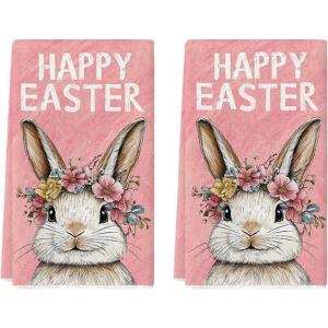 Artoid Mode Pink Rabbit Flower Wreath Happy Easter Spring Kitchen Towels Dish Towels, 18×26 Inch Farmhouse Summer Decoration Cleaning Set of 2(Pink)