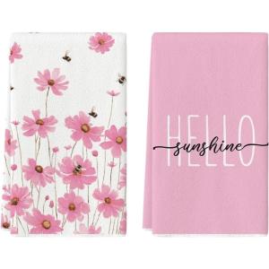 Artoid Mode Purple Flowers Bee Hello Sunshine Summer Kitchen Towels Dish Towels, 18×26 Inch Seasonal Holiday Decoration Hand Towels Set of 2(Pink)