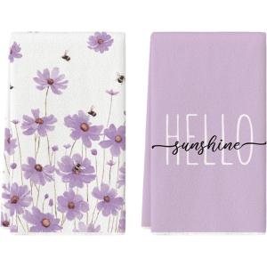 Artoid Mode Purple Flowers Bee Hello Sunshine Summer Kitchen Towels Dish Towels, 18×26 Inch Seasonal Holiday Decoration Hand Towels Set of 2(Purple)
