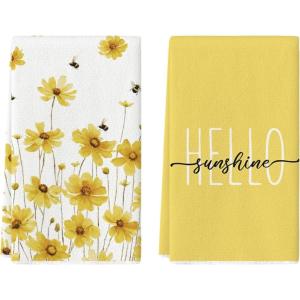 Artoid Mode Purple Flowers Bee Hello Sunshine Summer Kitchen Towels Dish Towels, 18×26 Inch Seasonal Holiday Decoration Hand Towels Set of 2(Yellow)