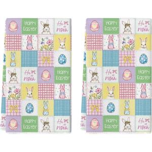 Artoid Mode Rabbit Bow Wreath Bunny Eggs Flower Happy Easter Spring Kitchen Towels Dish Towels, 18×26 Inch Farmhouse Summer Decoration Cleaning Set of 2