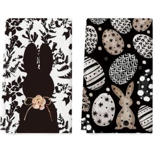 Artoid Mode Rabbit Bunny Eggs Easter Flower Kitchen Towels Dish Towels, 18×26 Inch Seasonal Spring Decoration Cleaning Set of 2(Black)