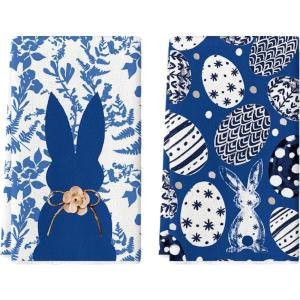 Artoid Mode Rabbit Bunny Eggs Easter Flower Kitchen Towels Dish Towels, 18×26 Inch Seasonal Spring Decoration Cleaning Set of 2(Blue)