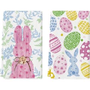 Artoid Mode Rabbit Bunny Eggs Easter Flower Kitchen Towels Dish Towels, 18×26 Inch Seasonal Spring Decoration Cleaning Set of 2(Pink/Beige)