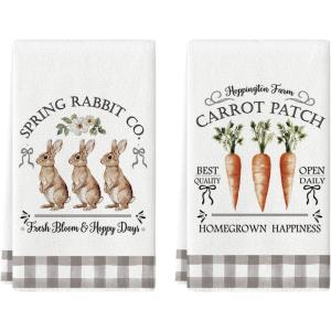 Artoid Mode Rabbit Carrot Homegrown Happiness Flower Easter Spring Kitchen Towels Dish Towels, 18×26 Inch Farmhouse Summer Decoration Cleaning Set of 2