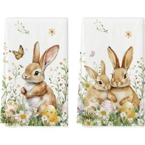 Artoid Mode Rabbit Daisy Butterfly Bunny Eggs Flowers Easter Spring Kitchen Towels Dish Towels, 18×26 Inch Farmhouse Summer Decoration Cleaning Set of 2