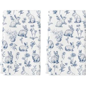 Artoid Mode Rabbit Flowers Happy Easter Spring Kitchen Towels Dish Towels, 18×26 Inch Farmhouse Summer Decoration Cleaning Set of 2