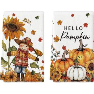 Artoid Mode Scarecrow Pumpkin Fall Kitchen Towels Dish Towels, 18×26 Inch Farmhouse Sunflower Autumn Decoration Hand Towels Set of 2