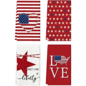 Artoid Mode Stripe America Stars Love Patriotic 4th of July Kitchen Towels Dish Towels, 18×26 Inch Memorial Day Decoration Hand Towels Set of 4