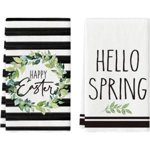 Artoid Mode Stripe Leaves Happy Easter Hello Spring Kitchen Towels Dish Towels, 18×26 Inch Farmhouse Summer Decoration Cleaning Set of 2