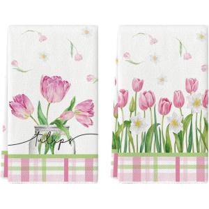Artoid Mode Tulip Buffalo Plaid Flowers Spring Kitchen Towels Dish Towels, 18×26 Inch Seasonal Floral Decoration Hand Towels Set of 2