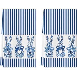 Artoid Mode Wood Stripe Rabbit Bunny Easter Kitchen Towels Dish Towels, 18×26 Inch Seasonal Spring Decoration Cleaning Set of 2(Blue)