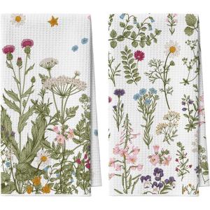 Artoid Mode Wood Wildflower Floral Kitchen Towels Dish Towels, 18×26 Inch Leaves Holiday Decoration Cleaning Set of 2(Beige)