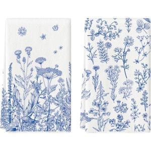 Artoid Mode Wood Wildflower Floral Kitchen Towels Dish Towels, 18×26 Inch Leaves Holiday Decoration Cleaning Set of 2(Blue)