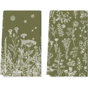 Artoid Mode Wood Wildflower Floral Kitchen Towels Dish Towels, 18×26 Inch Leaves Holiday Decoration Cleaning Set of 2(Green)