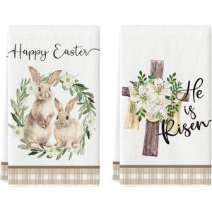 Artoid Mode Wreath Rabbit Lily Happy Easter Spring Kitchen Towels Dish Towels, 18×26 Inch Farmhouse Summer Decoration Cleaning Set of 2