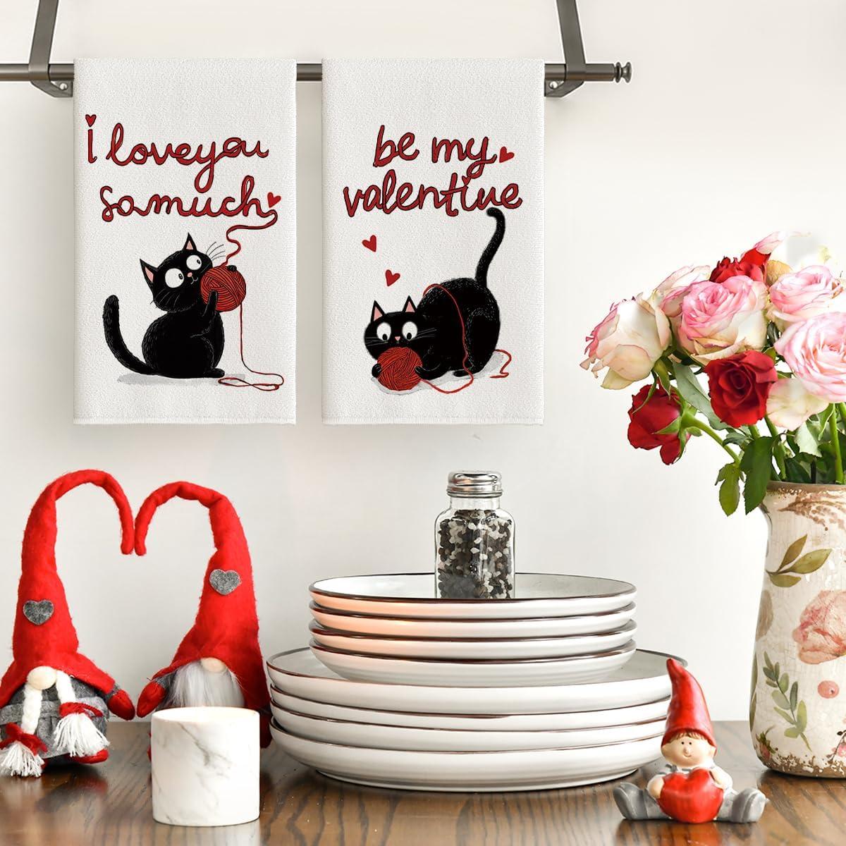 image:imageArtoid Mode Black Cats Ball Love Hearts Valentines Kitchen Towels Dish Towels 18x26 Inch Anniversary Wedding Decoration Cleaning Set of 2