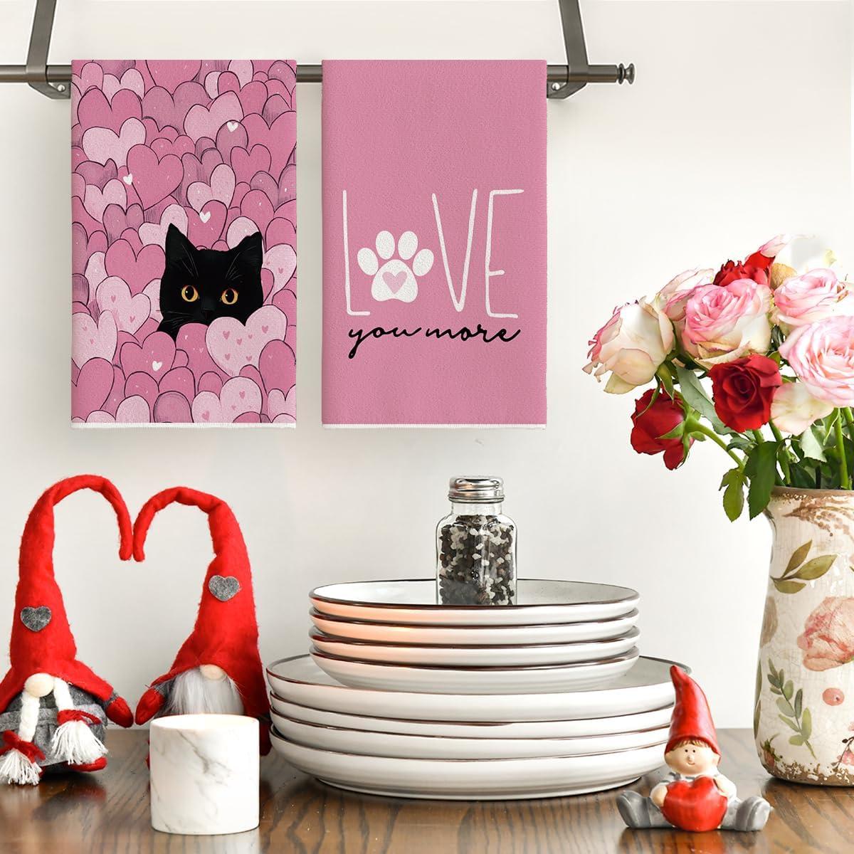 image:imageArtoid Mode Black Cats Pink Hearts Paw Print Valentines Kitchen Towels Dish Towels 18x26 Inch Anniversary Wedding Decoration Cleaning Set of 4Pink