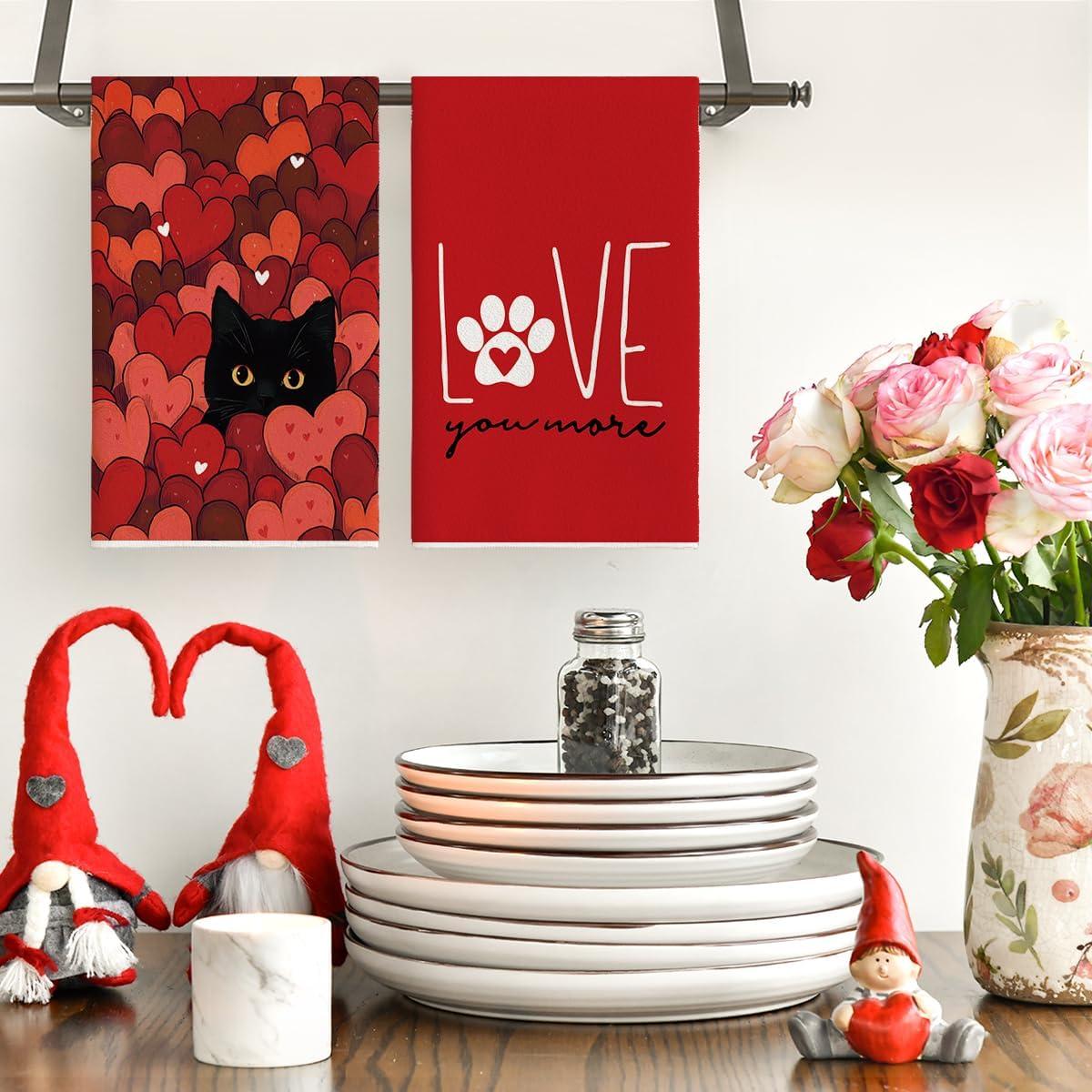 image:imageArtoid Mode Black Cats Pink Hearts Paw Print Valentines Kitchen Towels Dish Towels 18x26 Inch Anniversary Wedding Decoration Cleaning Set of 4Red
