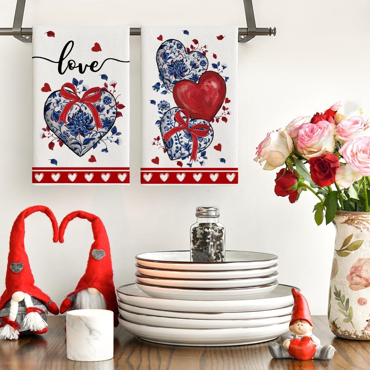 image:imageArtoid Mode Blue Porcelain Bowknot Love Heart Valentines Kitchen Towels Dish Towels 18x26 Inch Anniversary Wedding Decoration Cleaning Set of 2