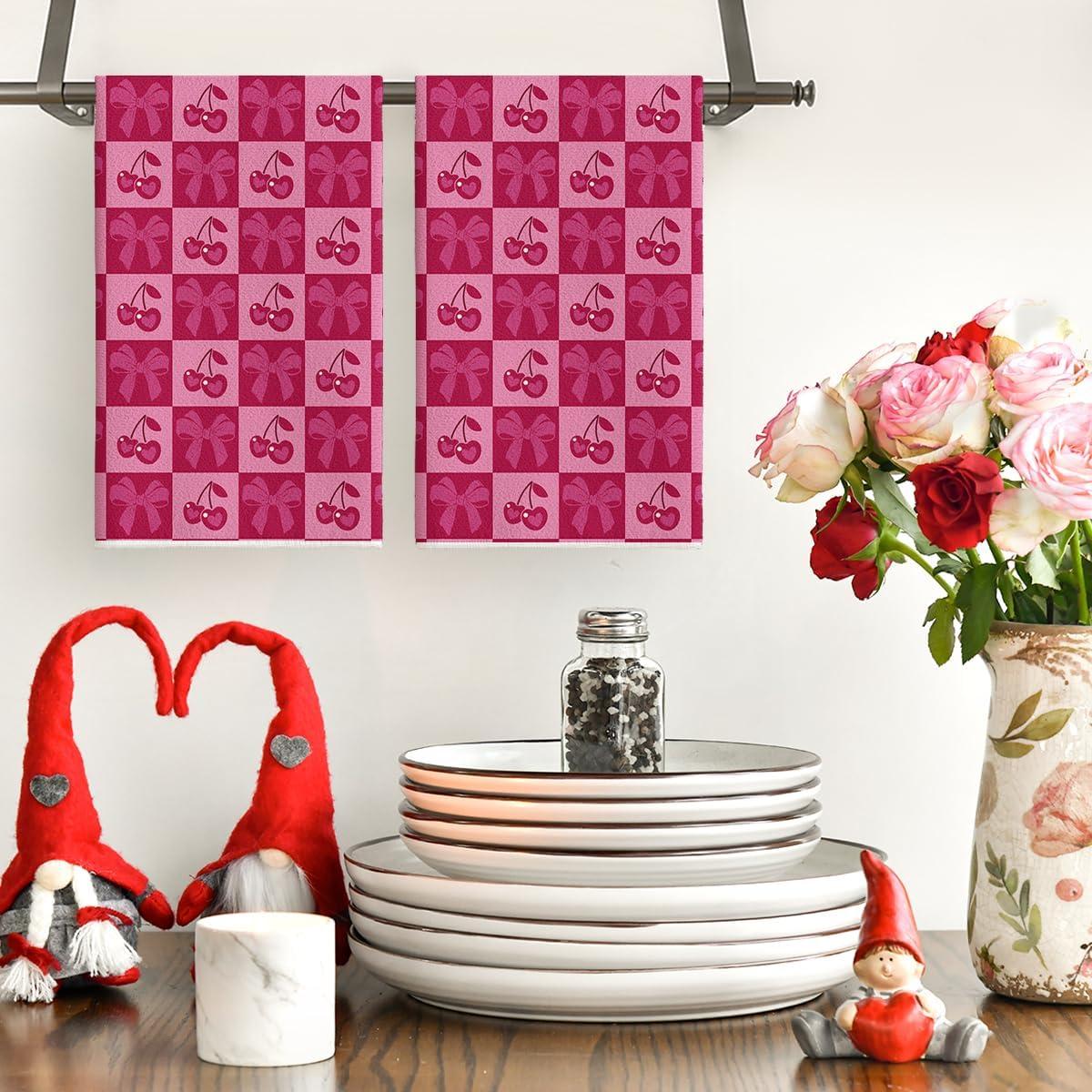 image:imageArtoid Mode Checkered Design Cherry Bowknot Valentines Kitchen Towels Dish Towels 18x26 Inch Anniversary Wedding Decoration Cleaning Set of 2