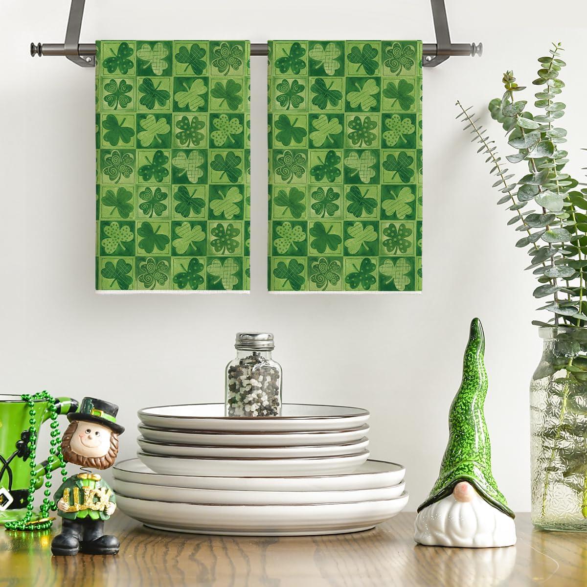 image:imageArtoid Mode Light Green Checkered Clover Shamrock StPatricks Day Kitchen Dish Towels 18x26 Inch Farmhouse Holiday Spring Decoration Cleaning Set of 2