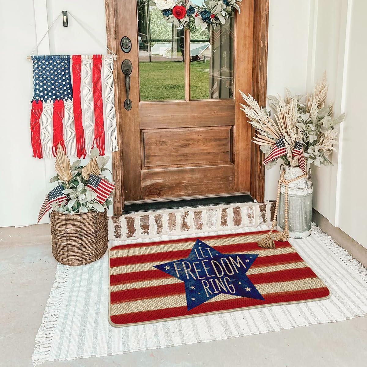 image:imageArtoid Mode Patriotic Stripes Star Let Freedom Ring Doormat 4th of July Memorial Day Independence Day LowProfile Floor Mat Switch Mat for Indoor Outdoor 17 x 29 Inch