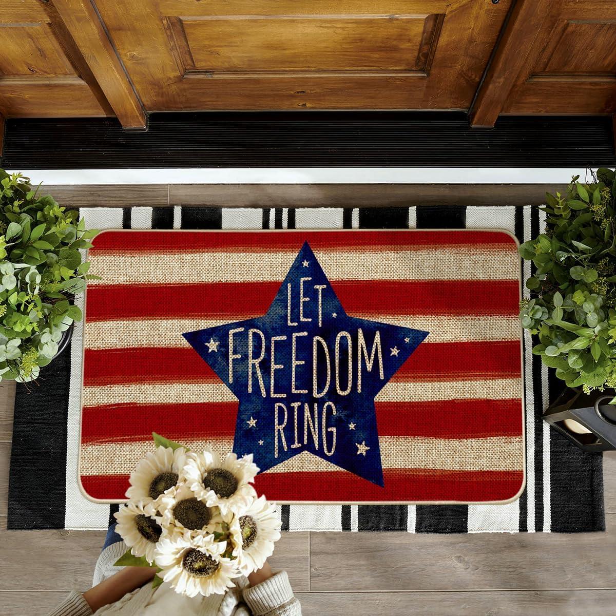 image:imageArtoid Mode Patriotic Stripes Star Let Freedom Ring Doormat 4th of July Memorial Day Independence Day LowProfile Floor Mat Switch Mat for Indoor Outdoor 17 x 29 Inch