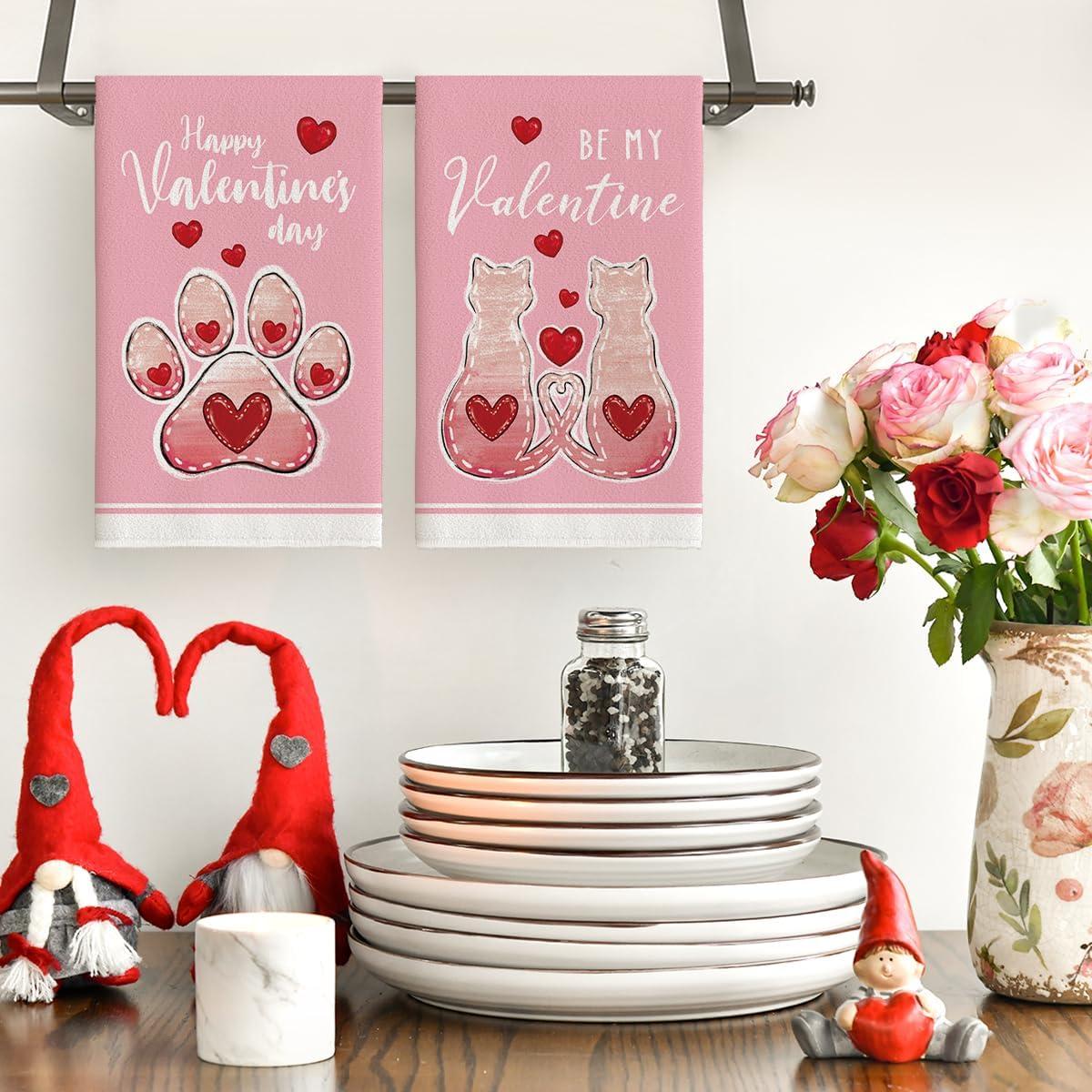 image:imageArtoid Mode Pink Cat Paw Print Love Heart Valentines Kitchen Towels Dish Towels 18x26 Inch Anniversary Wedding Decoration Cleaning Set of 2