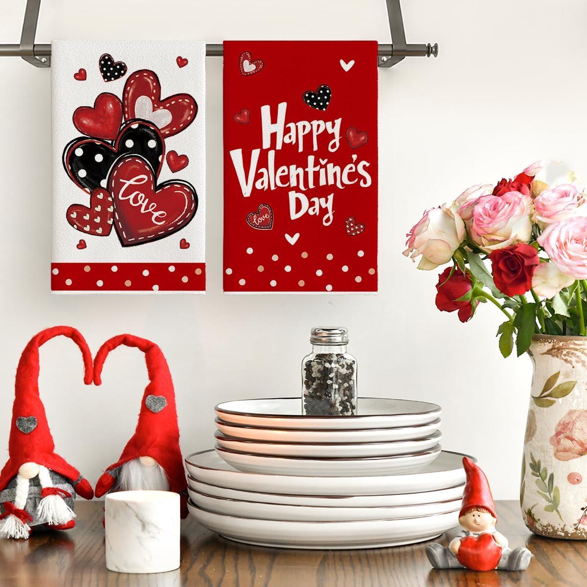 image:imageArtoid Mode Pink Polka Dot Love Heart Valentines Kitchen Towels Dish Towels 18x26 Inch Wedding Anniversary Decoration Cleaning Set of 2Red