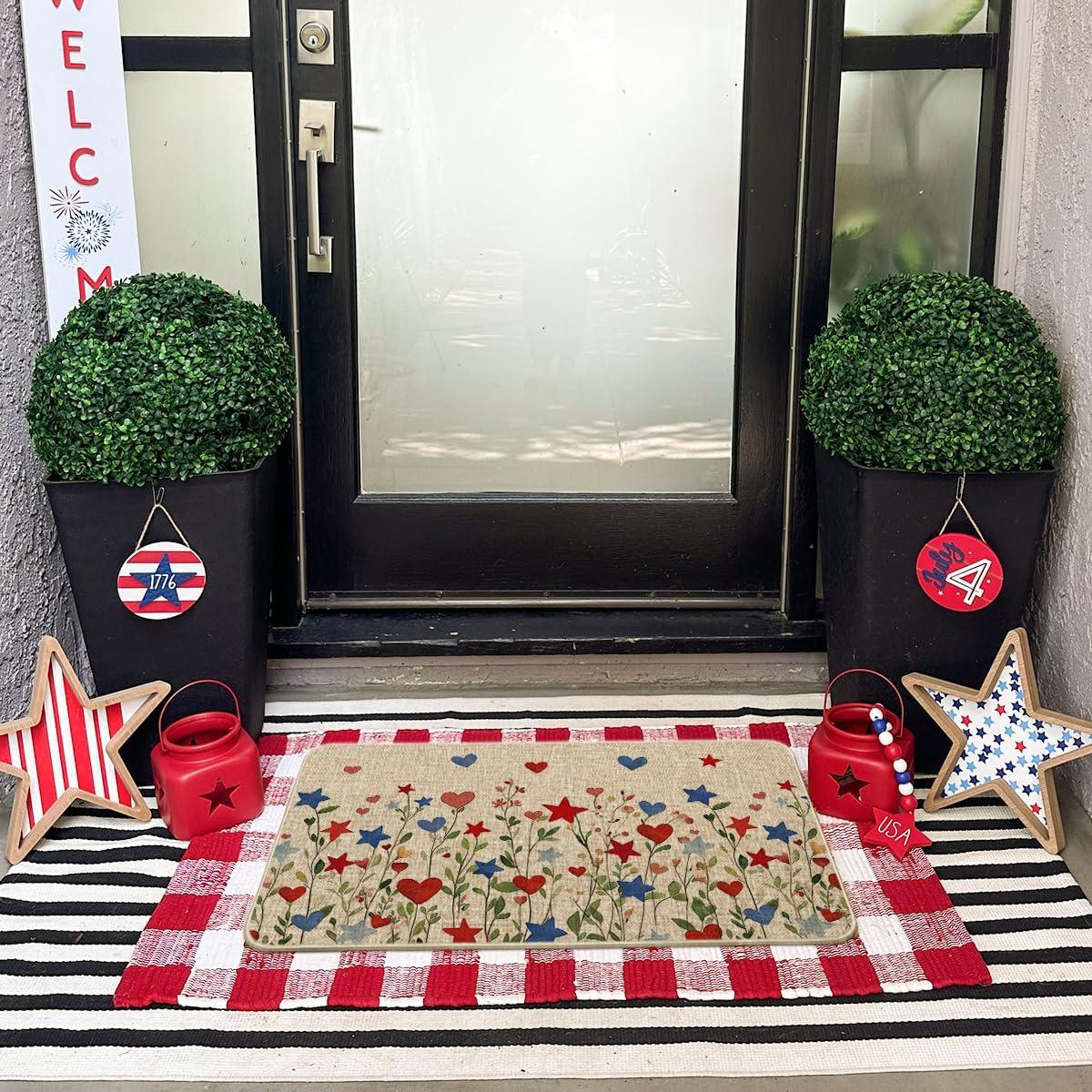 image:imageArtoid Mode Red Blue Star Flowers Patriotic 4TH of July Doormat Memorial Day Home Decor LowProfile Switch Rug Door Mat Floor Mat for Indoor Outdoor 17x29 Inch