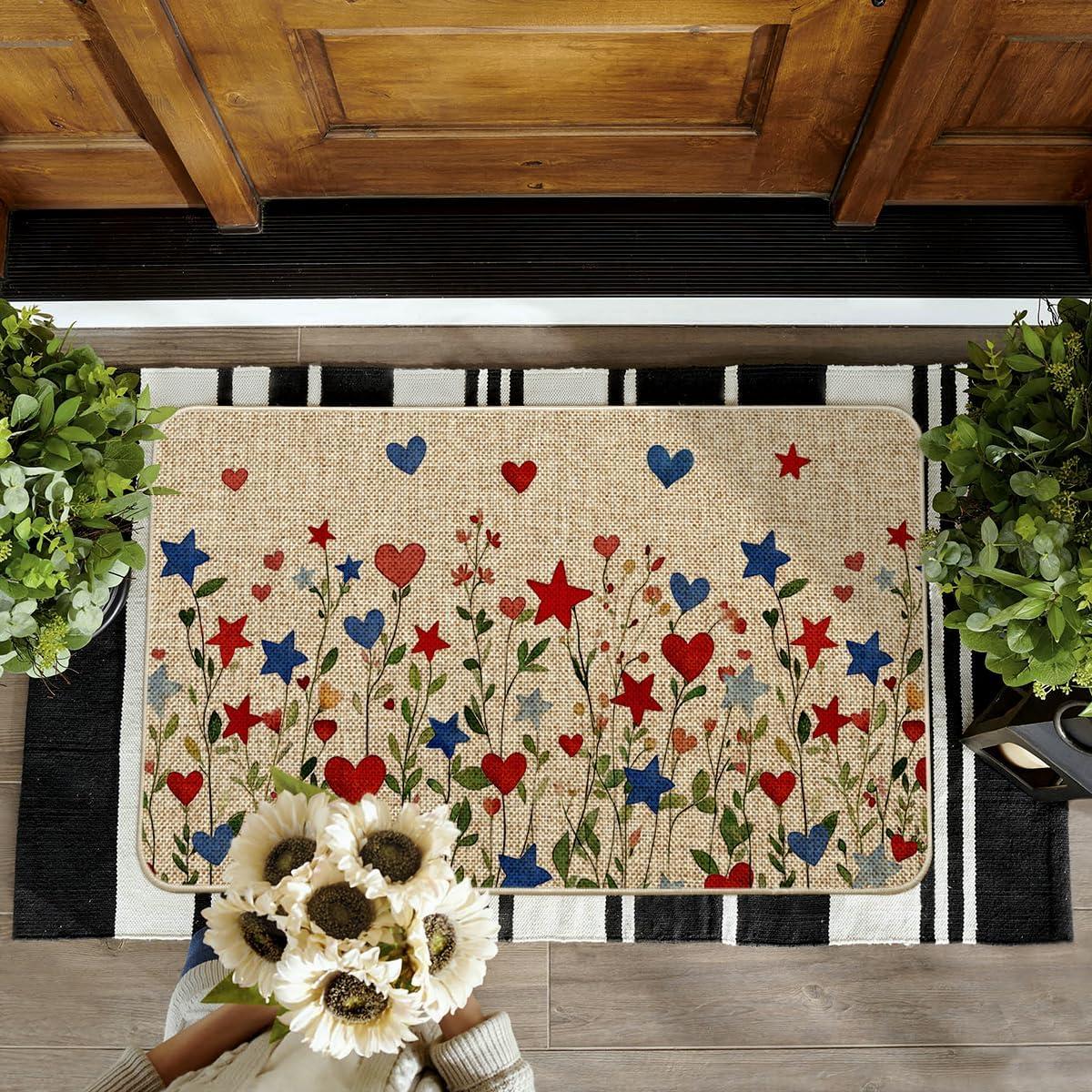 image:imageArtoid Mode Red Blue Star Flowers Patriotic 4TH of July Doormat Memorial Day Home Decor LowProfile Switch Rug Door Mat Floor Mat for Indoor Outdoor 17x29 Inch