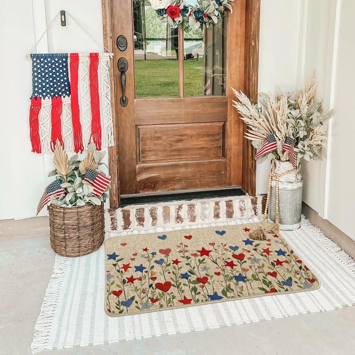 image:imageArtoid Mode Red Blue Star Flowers Patriotic 4TH of July Doormat Memorial Day Home Decor LowProfile Switch Rug Door Mat Floor Mat for Indoor Outdoor 17x29 Inch