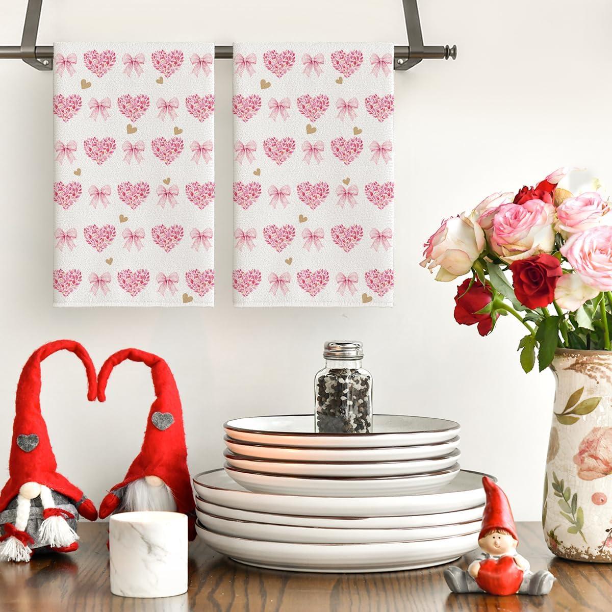image:imageArtoid Mode Red Love Heart Bowknot Valentines Kitchen Towels Dish Towels 18x26 Inch Anniversary Wedding Decoration Cleaning Set of 2Pink