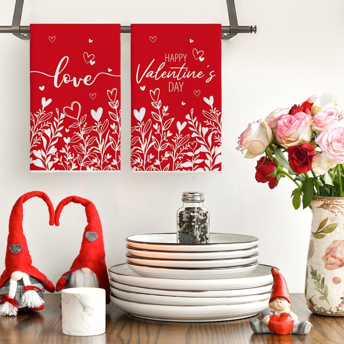 image:imageArtoid Mode Red Love Heart Floral Leaves Valentines Kitchen Towels Dish Towels 18x26 Inch Anniversary Wedding Decoration Cleaning Set of 2