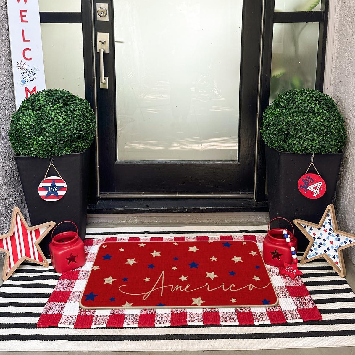 image:imageArtoid Mode Red Stars 4th of July Doormat Memorial Day Home Decor Patriotic Liberty LowProfile Switch Rug Door Mat Floor Mat for Indoor Outdoor 17x29 Inch
