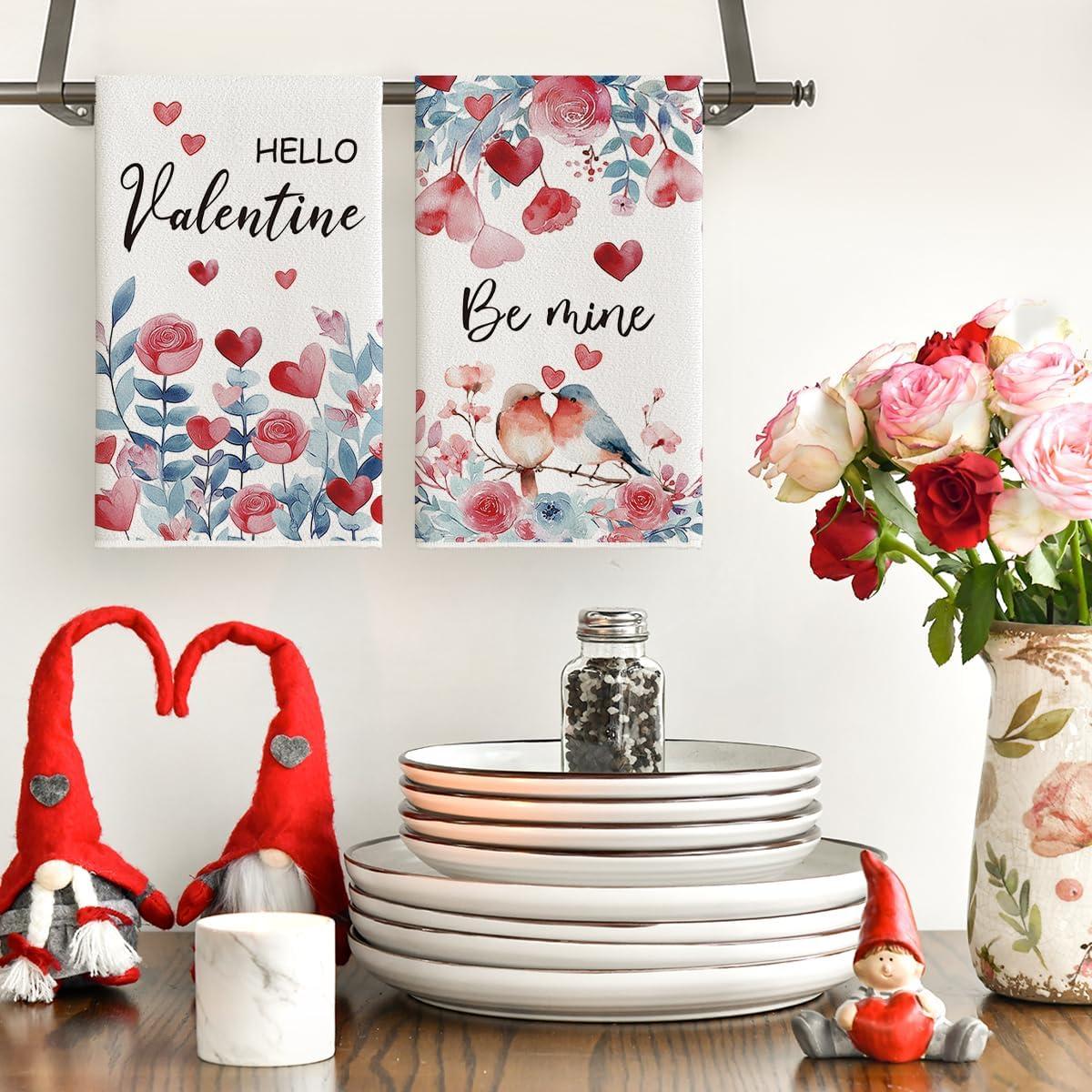 image:imageArtoid Mode Rose Floral Love Heart Bird Valentines Kitchen Towels Dish Towels 18x26 Inch Anniversary Wedding Decoration Cleaning Set of 2